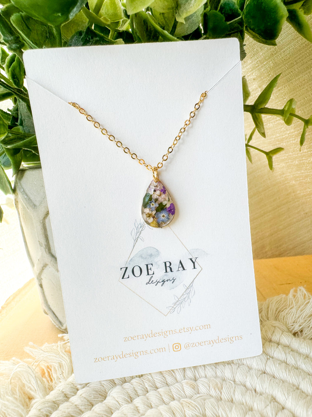 Multi Alyssum and Forget Me Not Teardrop Pendant