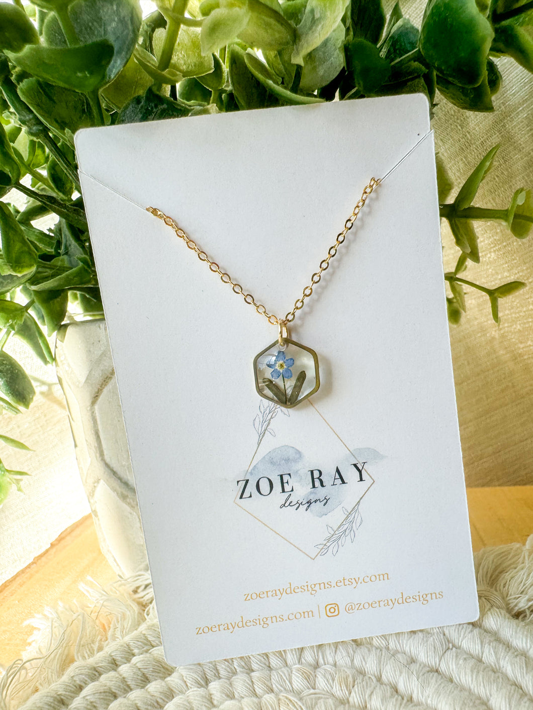 Tiny Forget Me Not Hexagon Pendant